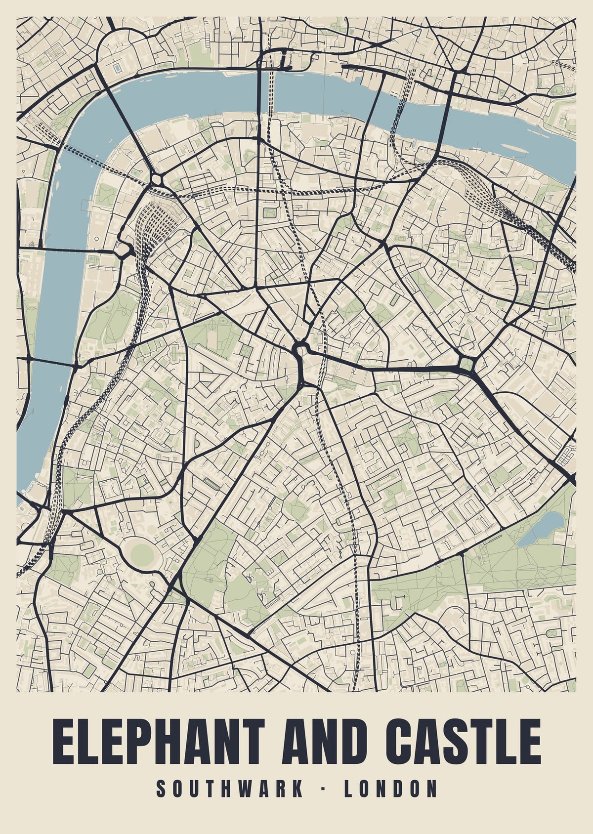 Heritage street map poster of Elephant and Castle, Southwark, London