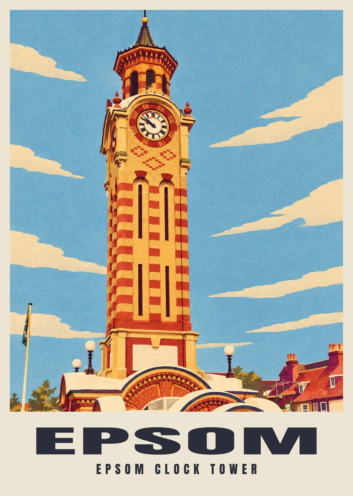 Epsom Clock Tower poster, Retro Railway style