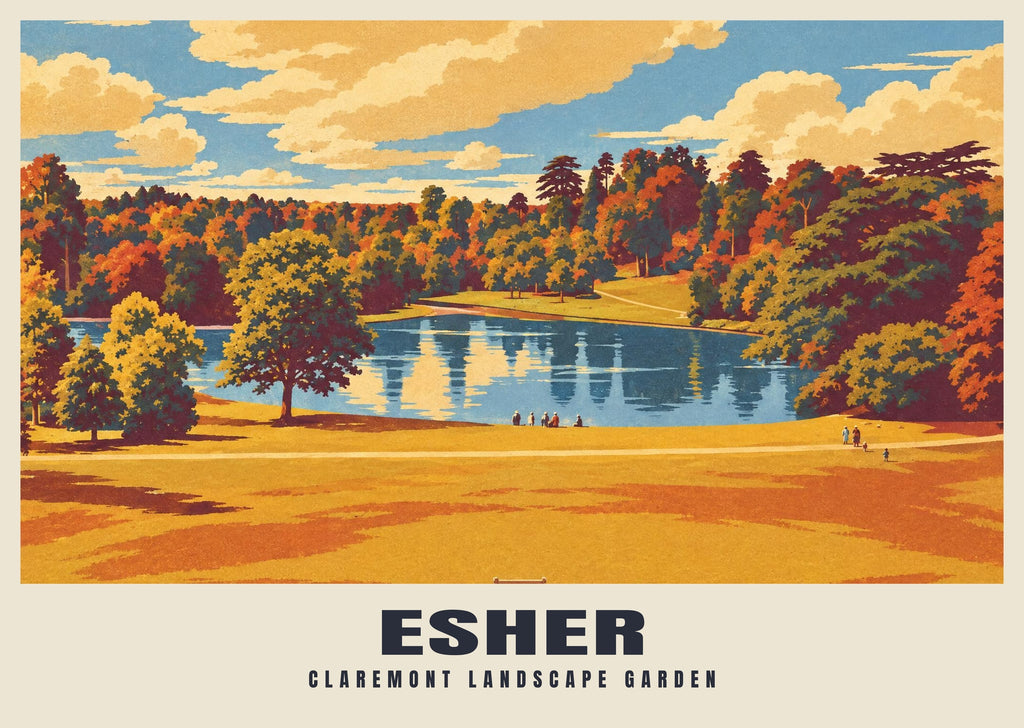 Claremont Landscape Garden, Esher poster, Retro Railway style