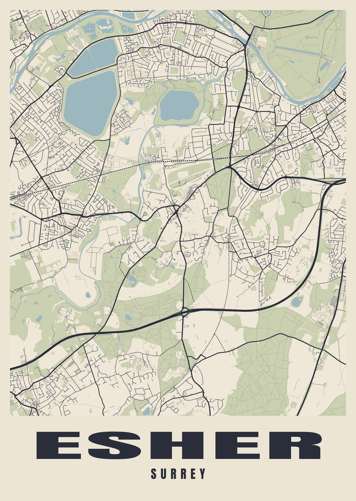Street map poster of Esher, Surrey