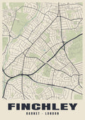 Heritage street map poster of Finchley, Barnet, London
