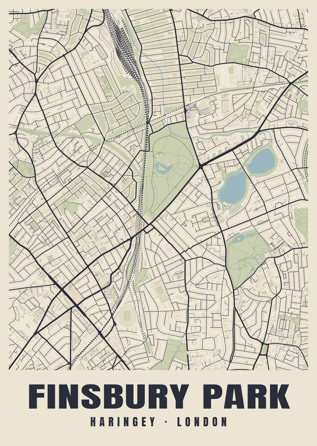 Heritage street map poster of Finsbury Park, Haringey, London