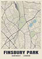 Heritage street map poster of Finsbury Park, Haringey, London