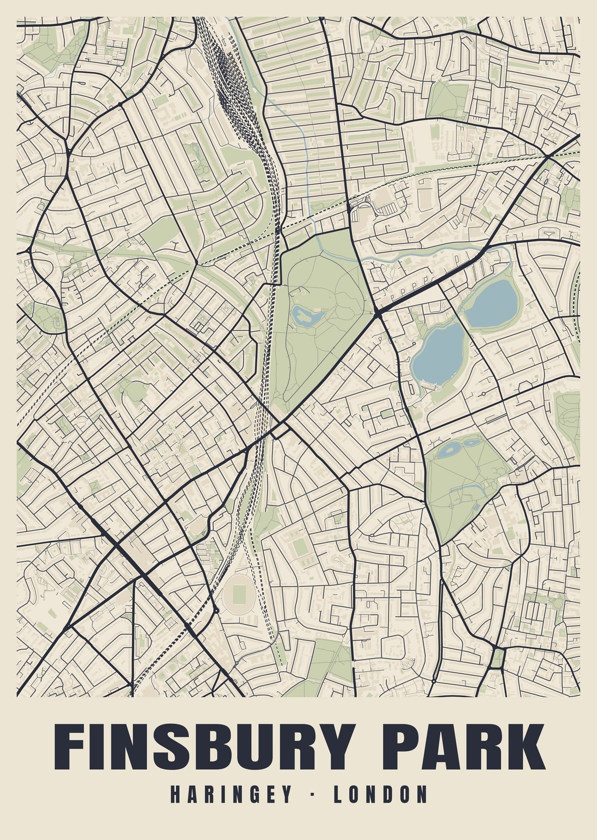Heritage street map poster of Finsbury Park, Haringey, London