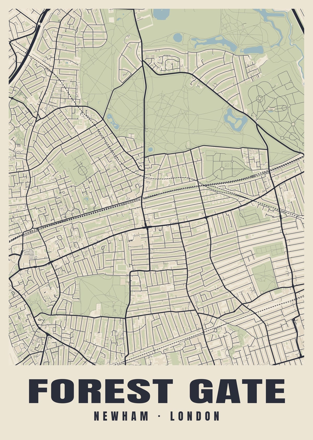 Heritage street map poster of Forest Gate, Newham, London