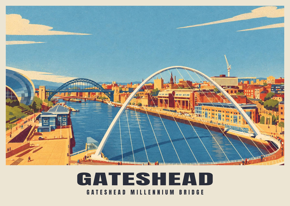 Gateshead Millennium Bridge poster, Retro Railway style