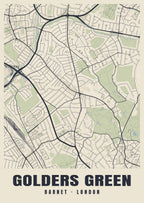 Heritage street map poster of Golders Green, Barnet, London