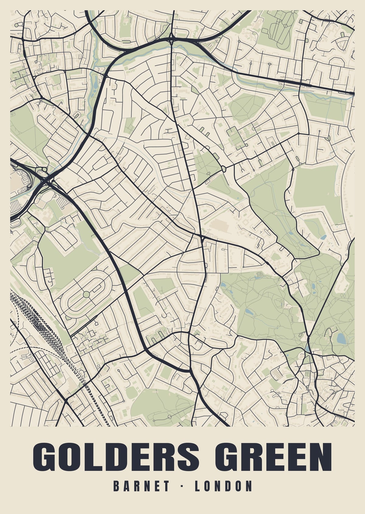 Heritage street map poster of Golders Green, Barnet, London