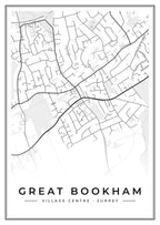 Street map poster of Great Bookham village centre, Surrey