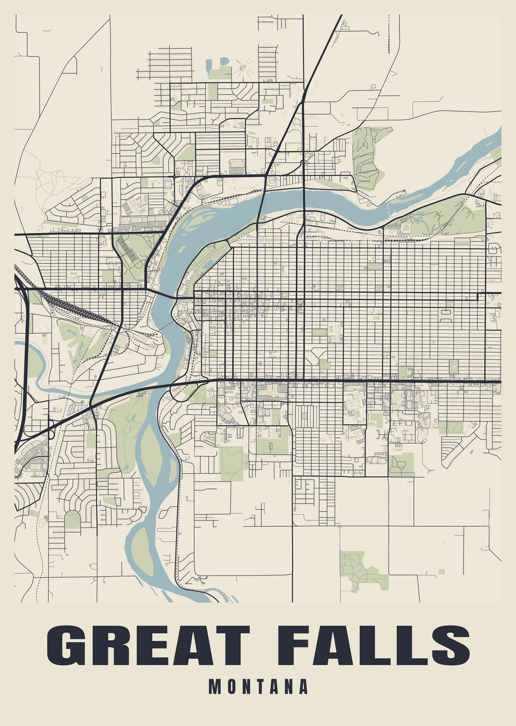 Street map poster of Great Falls, Montana