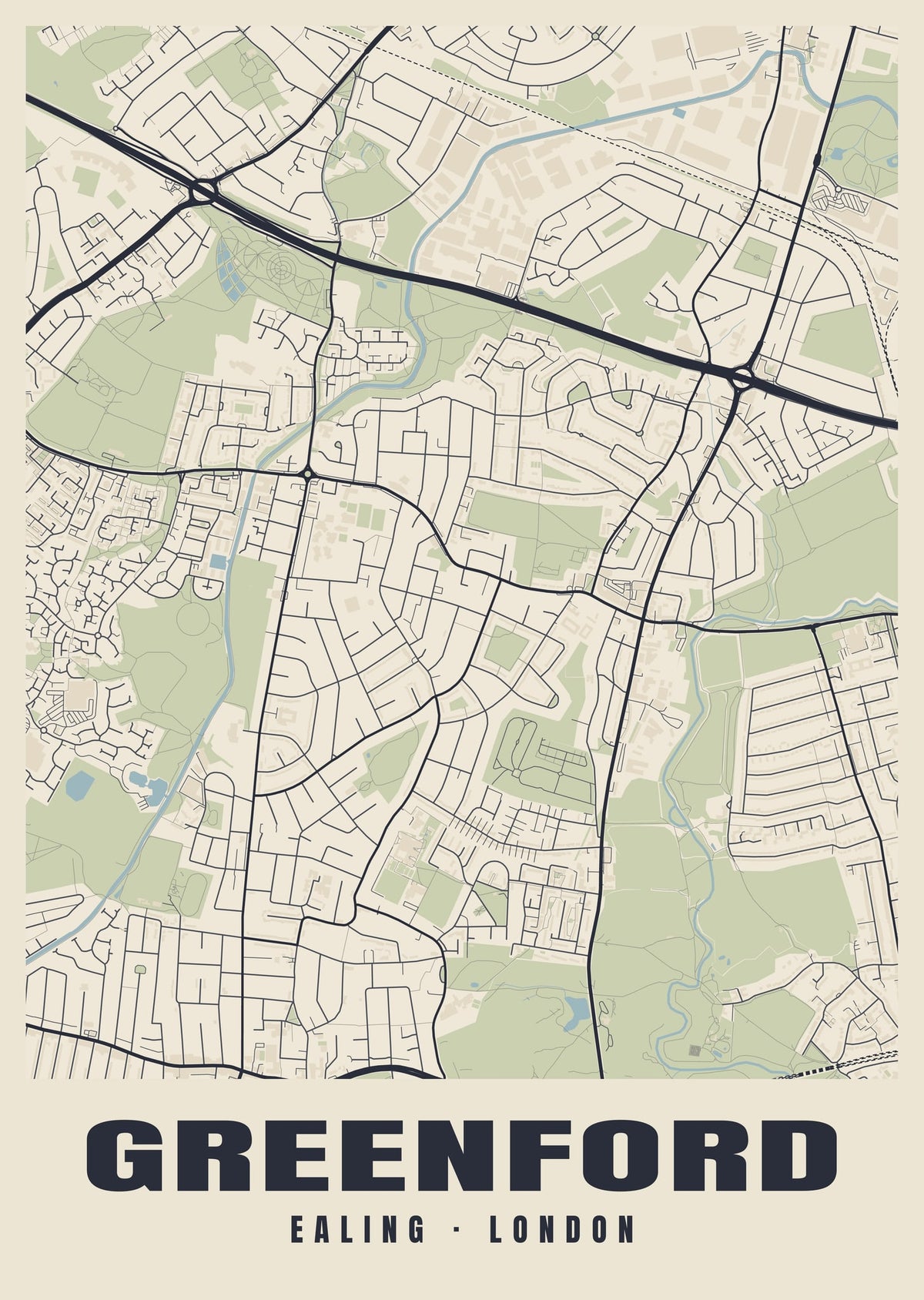 Heritage street map poster of Greenford, Ealing, London