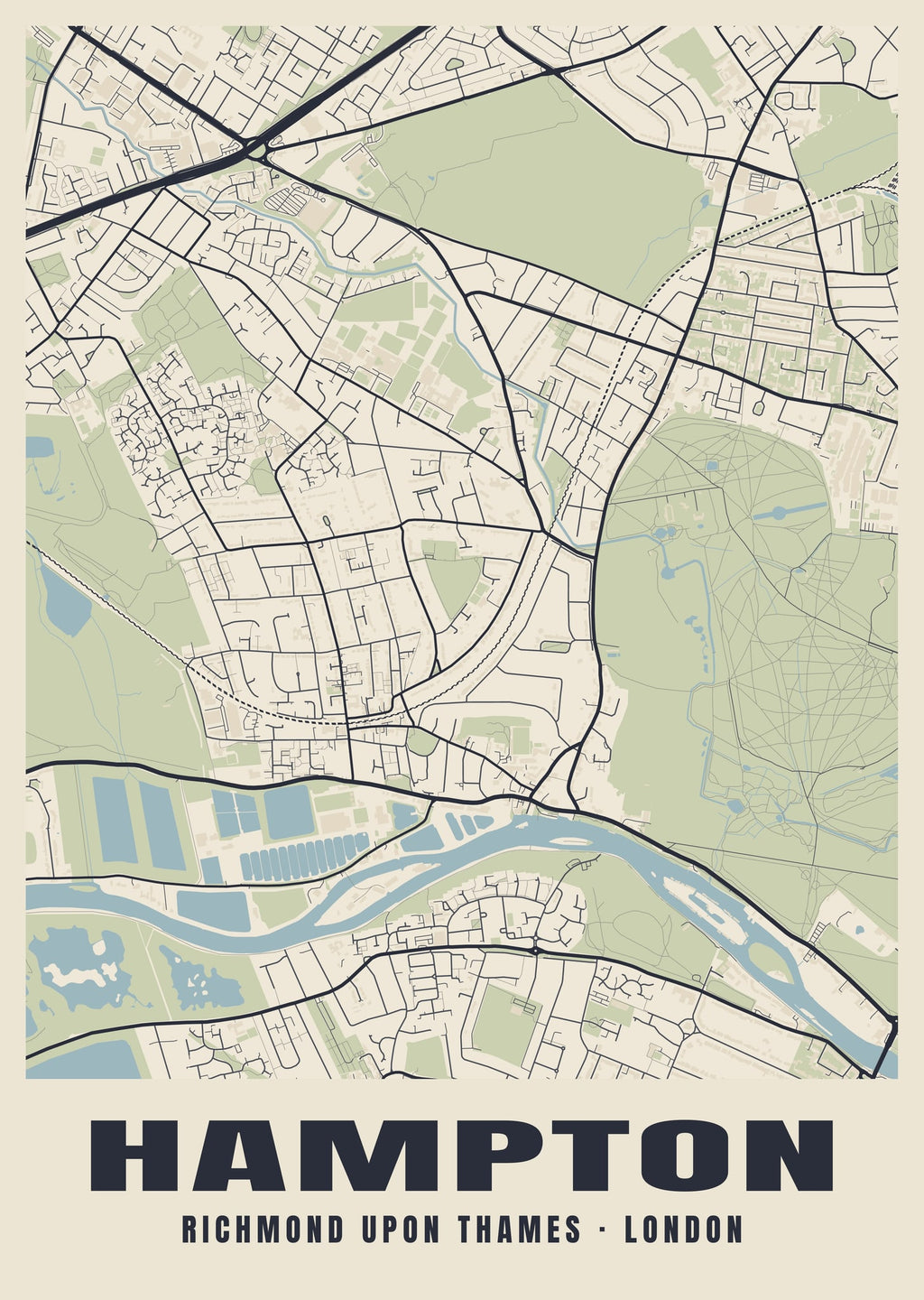 Heritage street map poster of Hampton, Richmond upon Thames, London