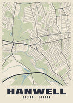 Heritage street map poster of Hanwell, Ealing, London