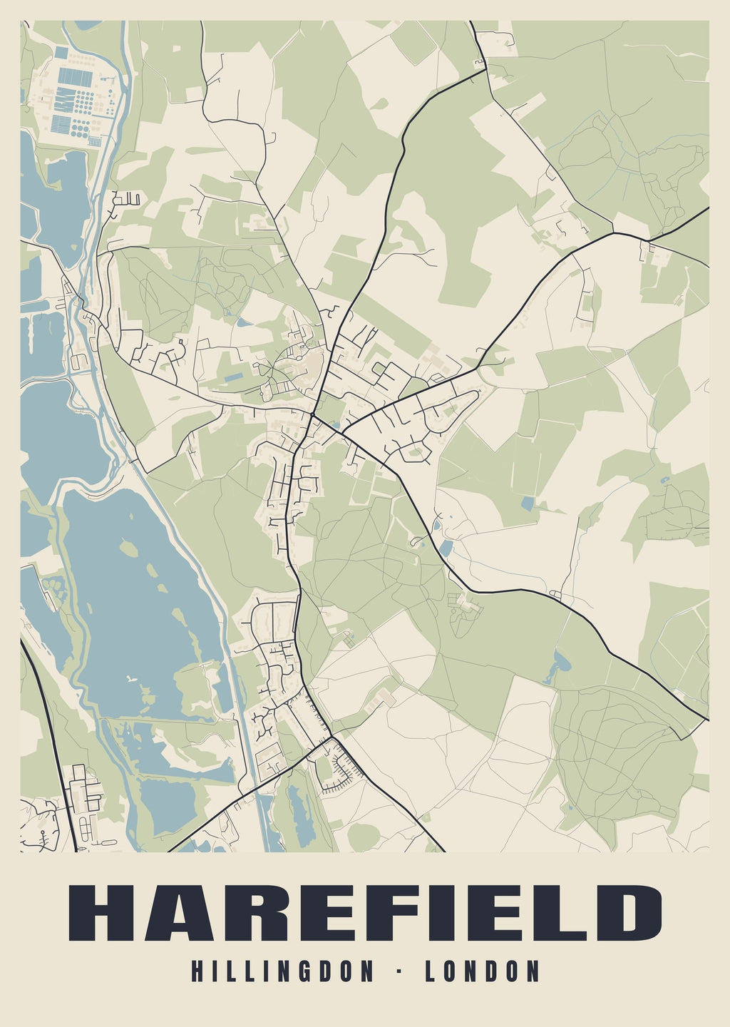 Heritage street map poster of Harefield, Hillingdon, London