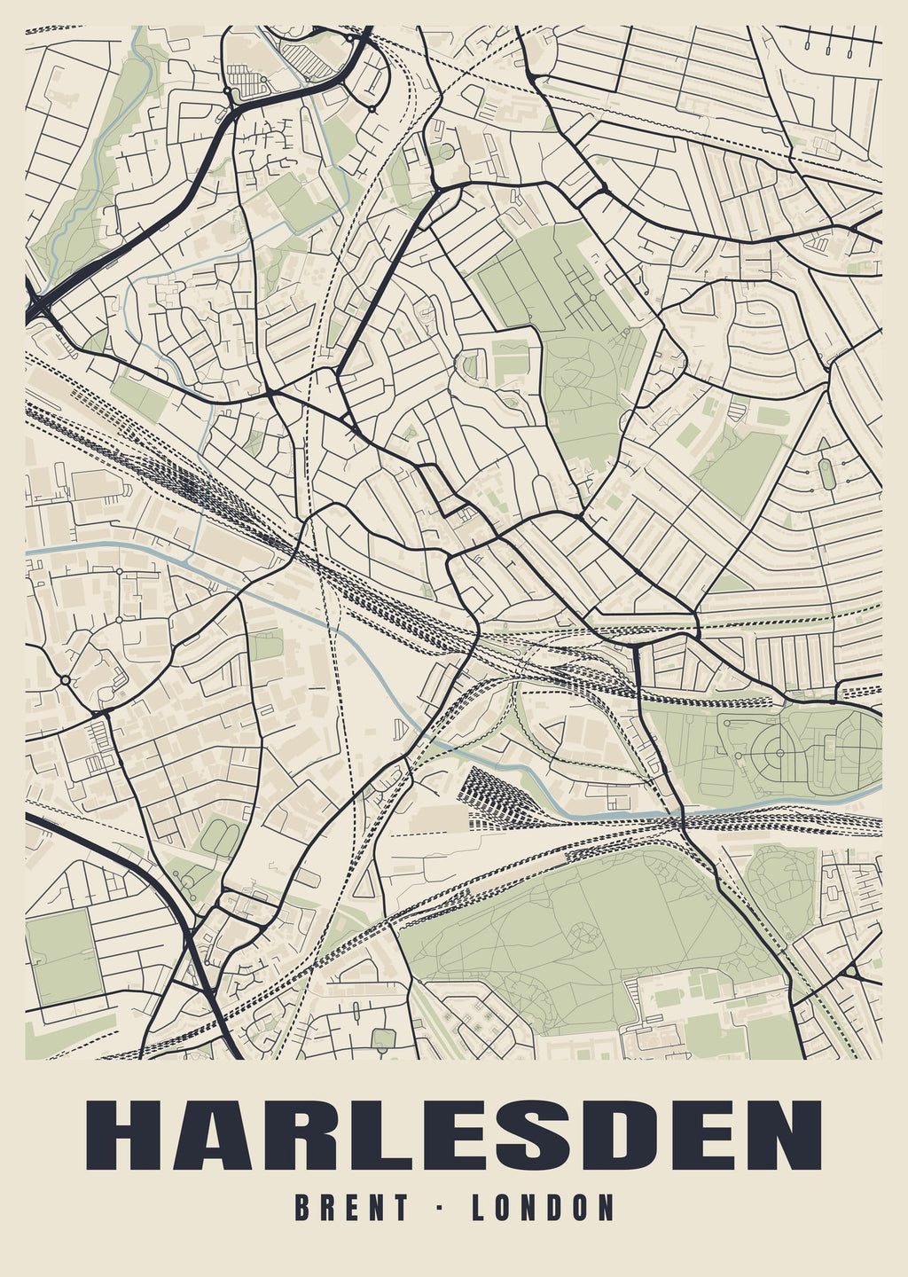 Heritage street map poster of Harlesden, Brent, London