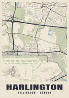 Heritage street map poster of Harlington, Hillingdon, London
