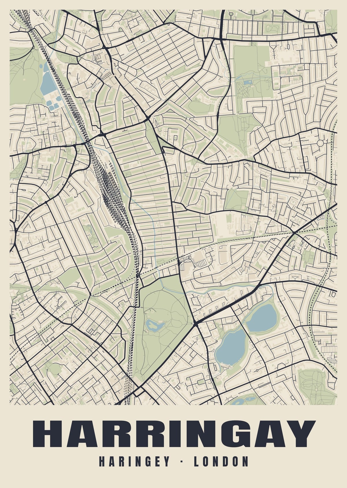 Heritage street map poster of Harringay, Haringey, London
