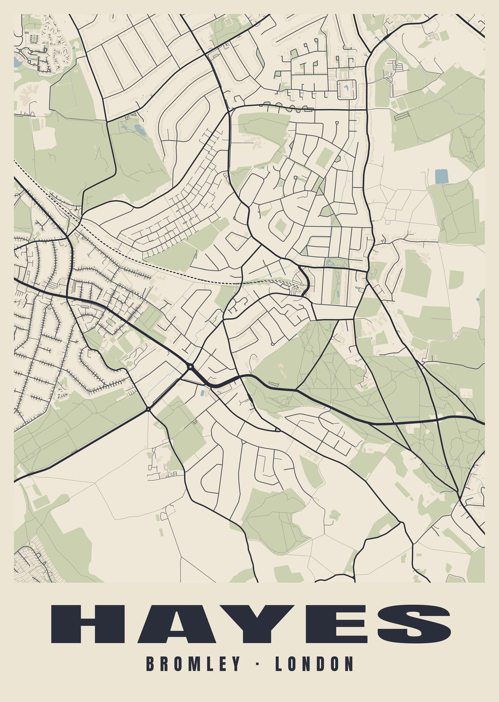 Heritage street map poster of Hayes, Bromley, London