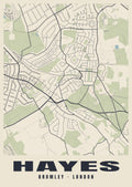 Heritage street map poster of Hayes, Bromley, London