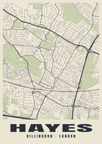 Heritage street map poster of Hayes, Hillingdon, London