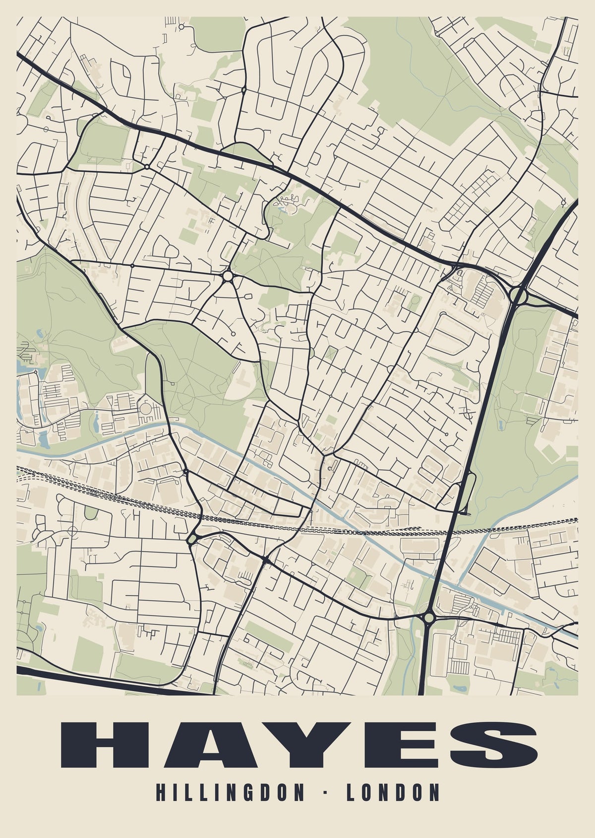 Heritage street map poster of Hayes, Hillingdon, London