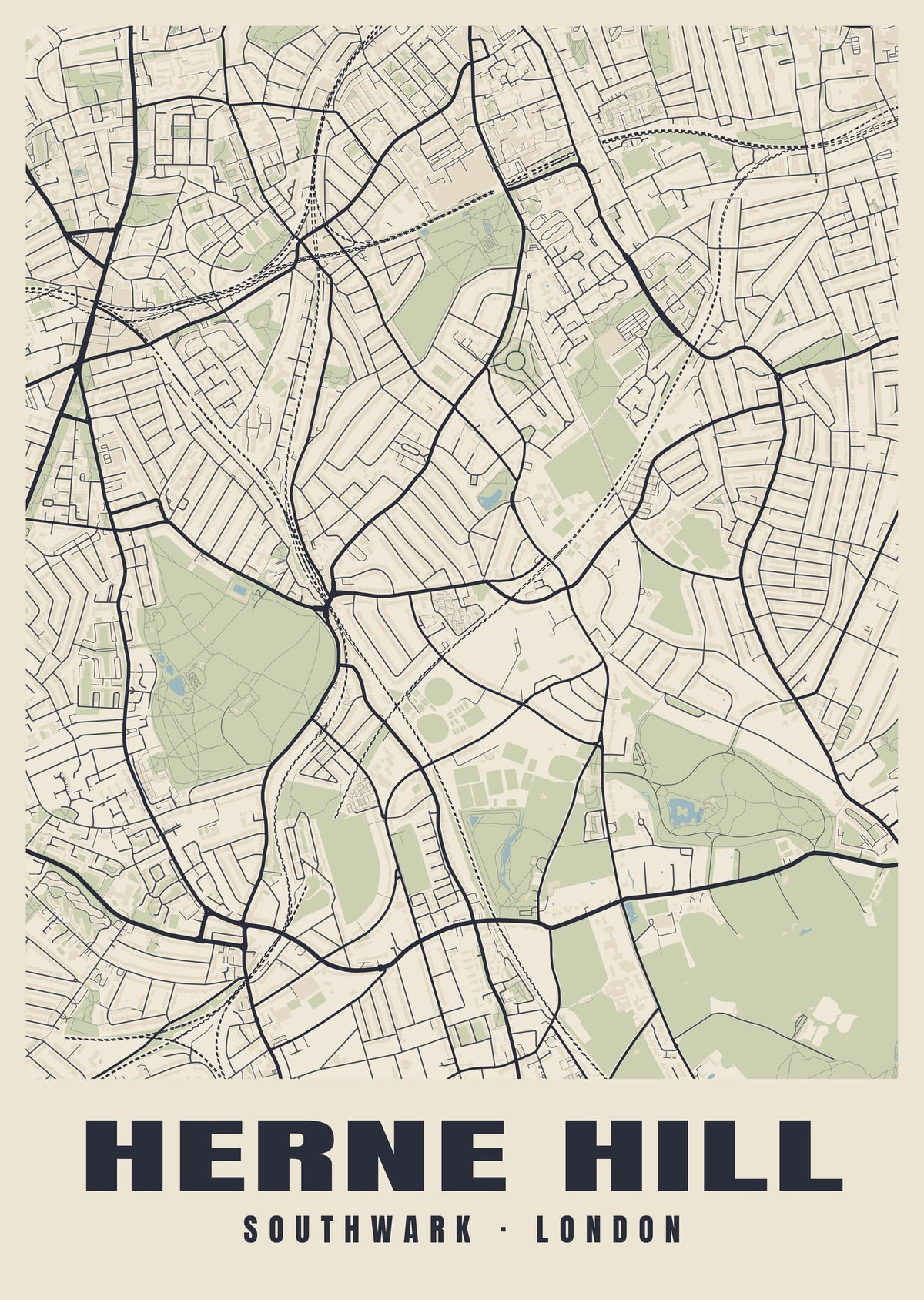 Heritage street map poster of Herne Hill, Southwark, London