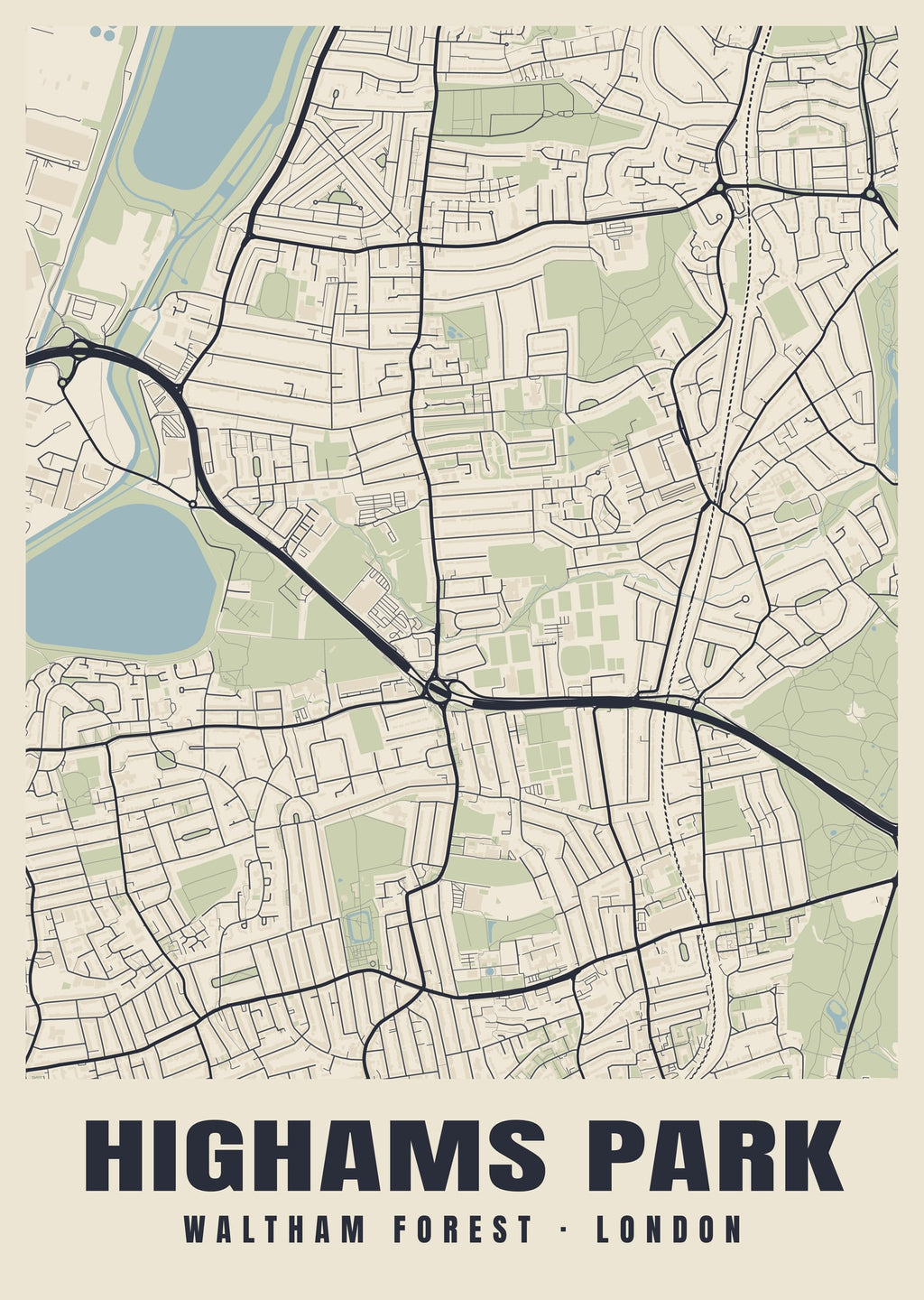 Heritage street map poster of Highams Park, Waltham Forest, London