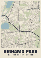 Heritage street map poster of Highams Park, Waltham Forest, London