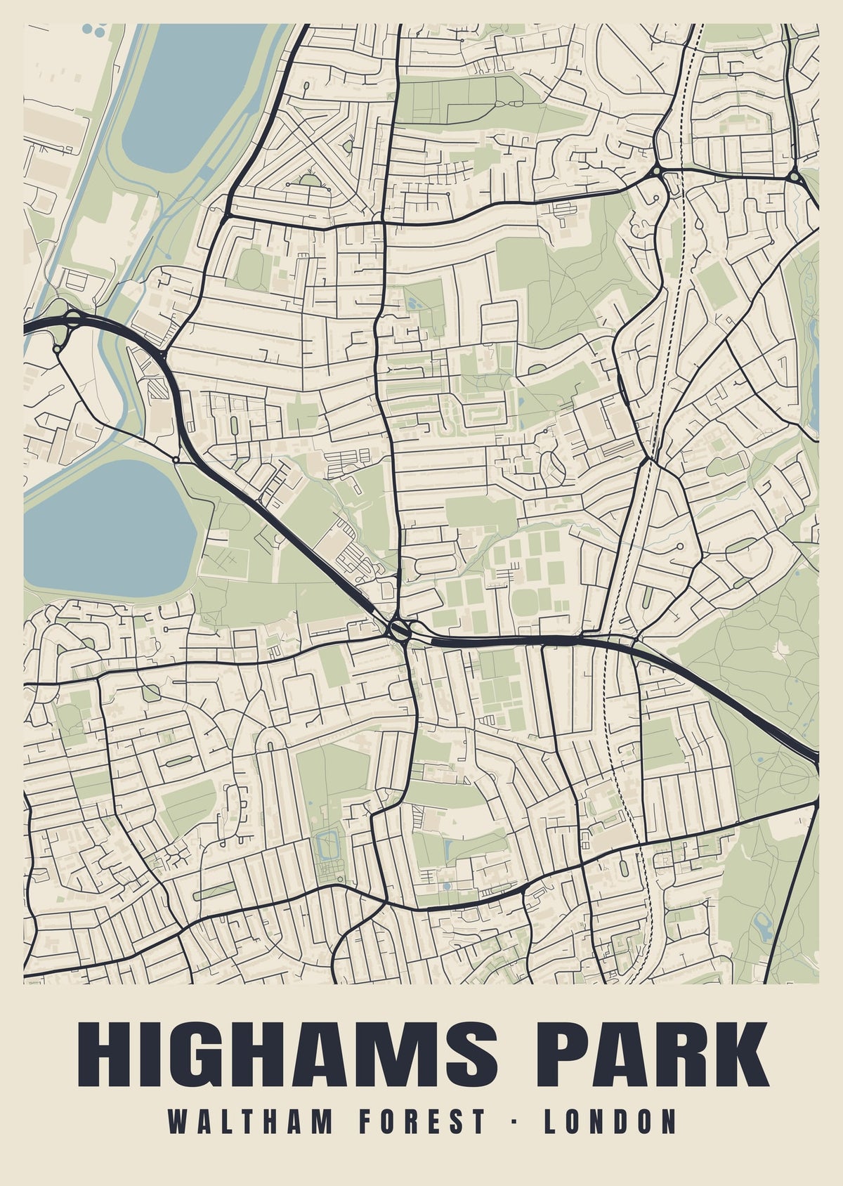 Heritage street map poster of Highams Park, Waltham Forest, London
