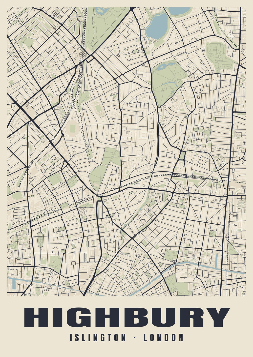 Heritage street map poster of Highbury, Islington, London