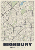 Heritage street map poster of Highbury, Islington, London