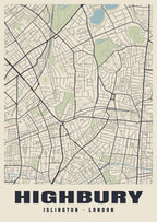 Heritage street map poster of Highbury, Islington, London
