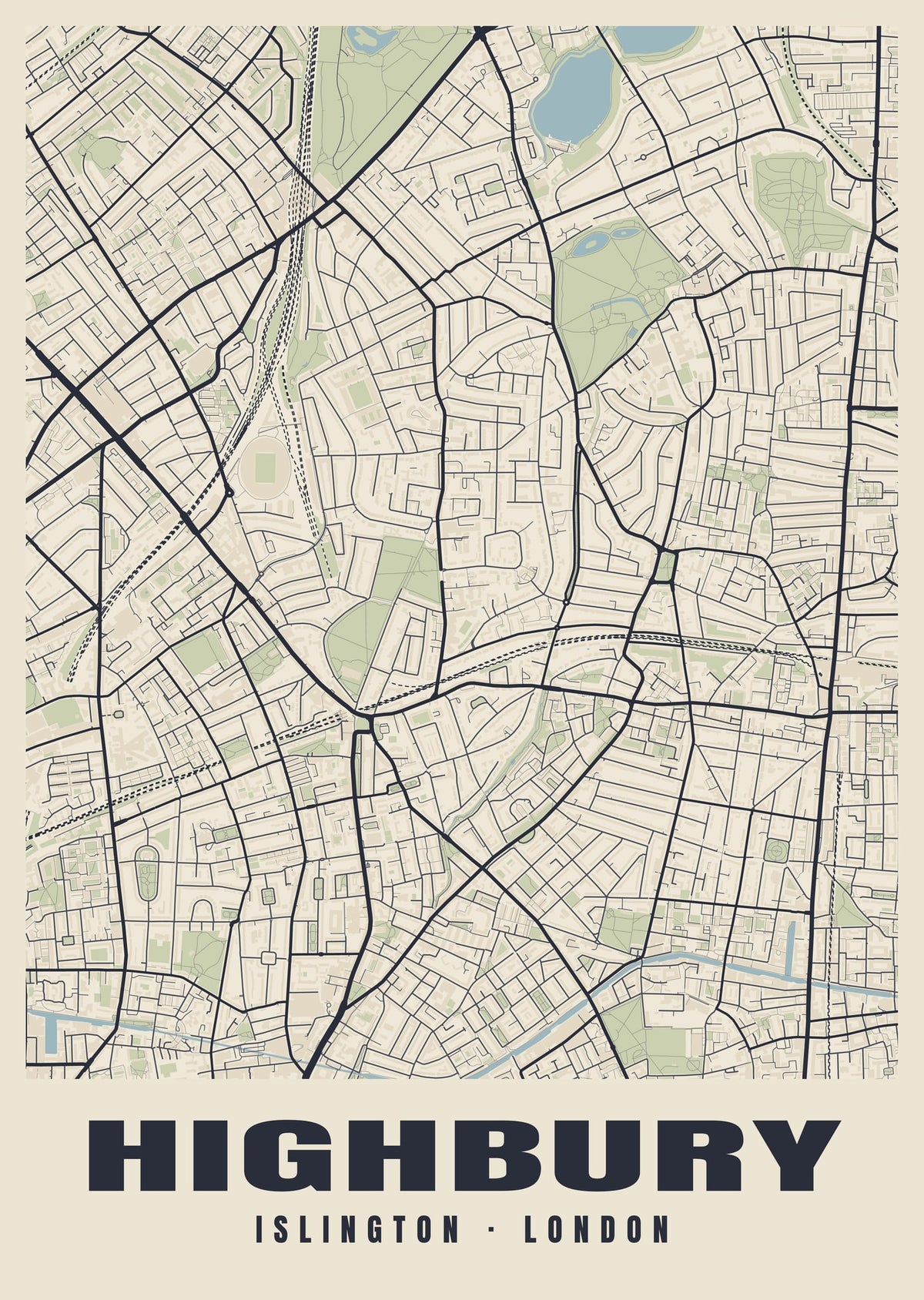 Heritage street map poster of Highbury, Islington, London
