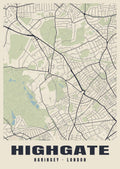 Heritage street map poster of Highgate, Haringey, London