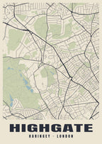 Heritage street map poster of Highgate, Haringey, London