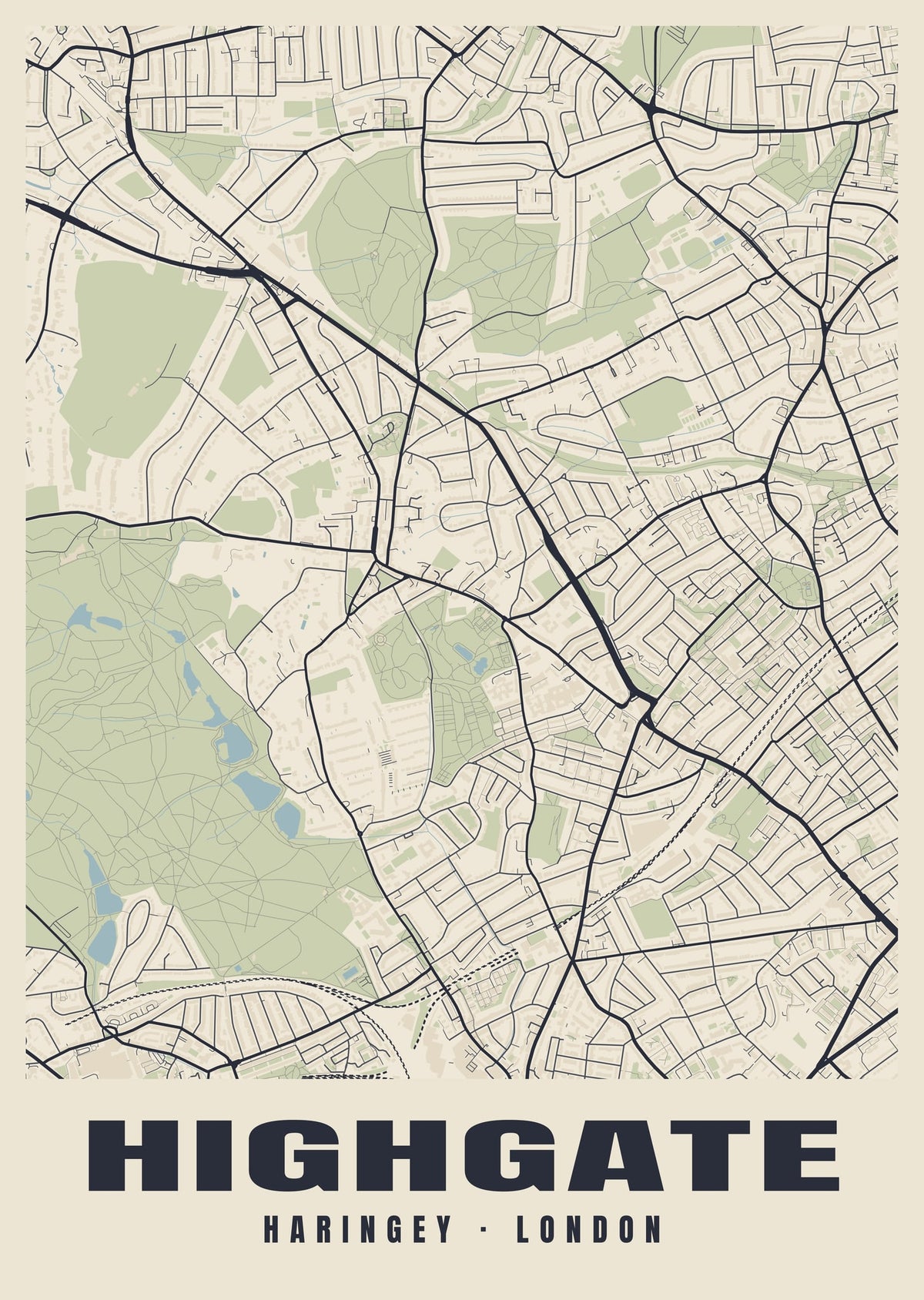 Heritage street map poster of Highgate, Haringey, London