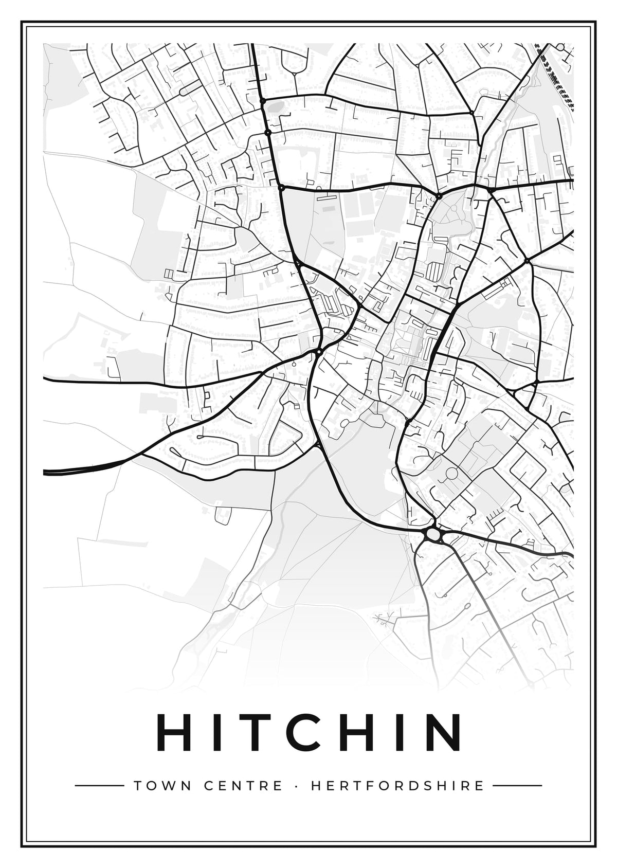 Street map poster of Hitchin town centre, Hertfordshire