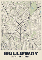 Heritage street map poster of Holloway, Islington, London