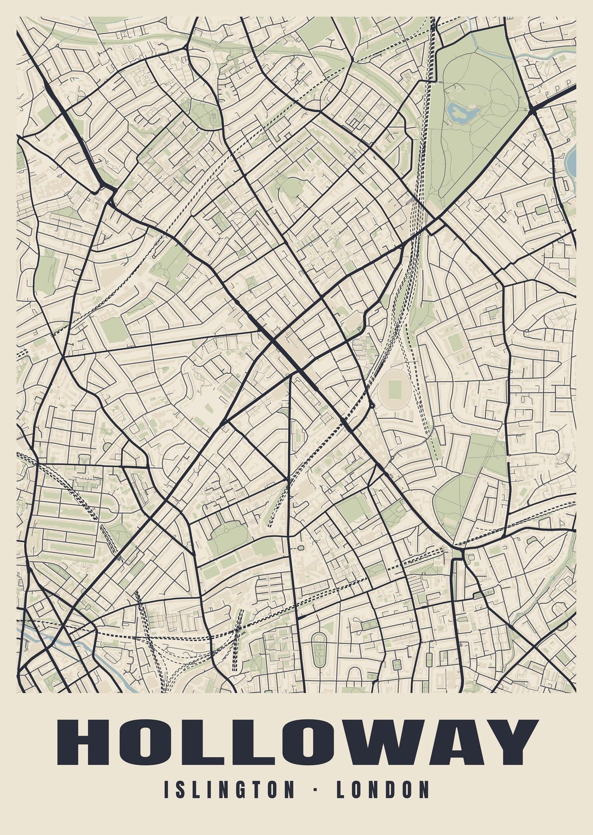 Heritage street map poster of Holloway, Islington, London