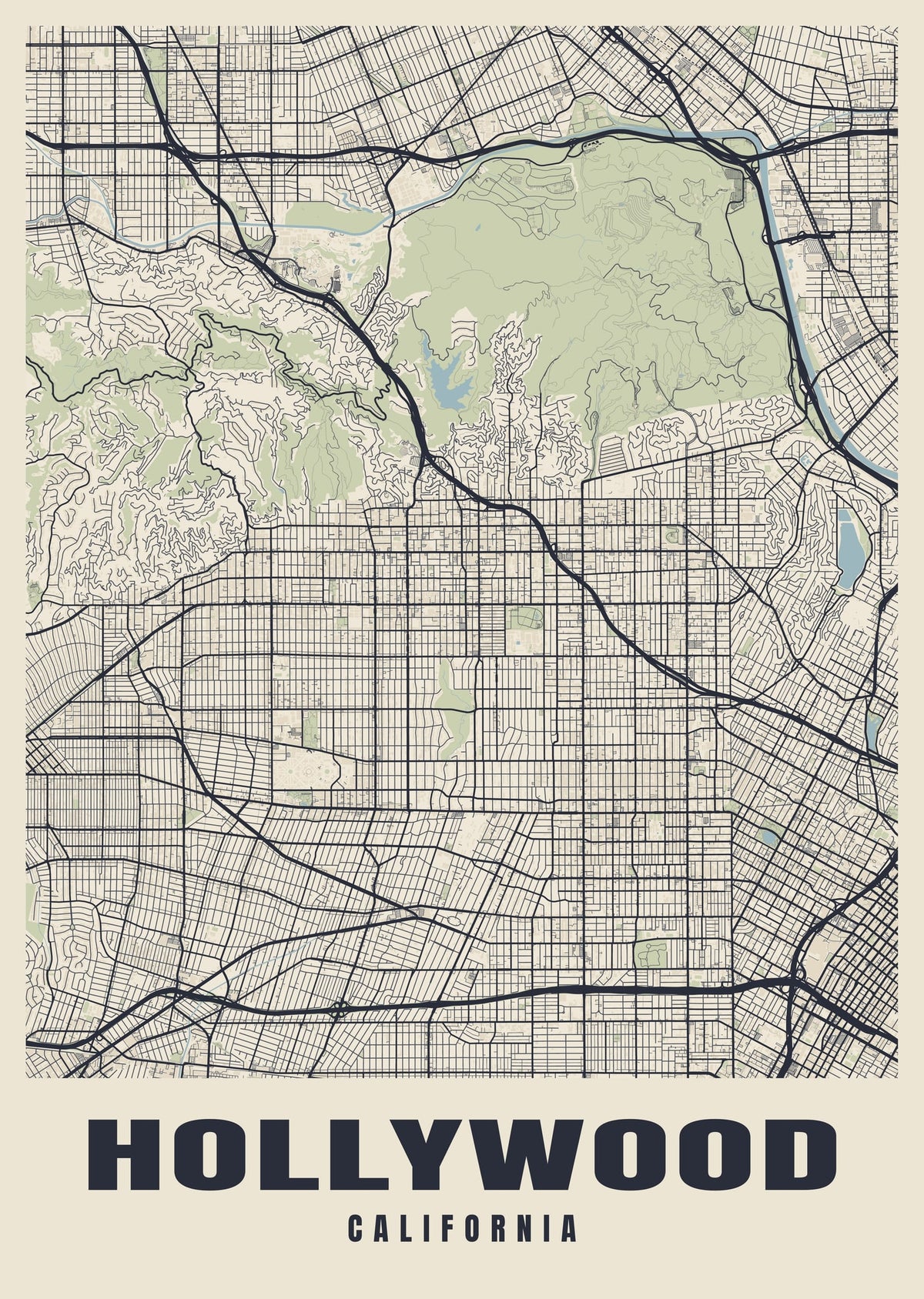 Street map poster of Hollywood, California