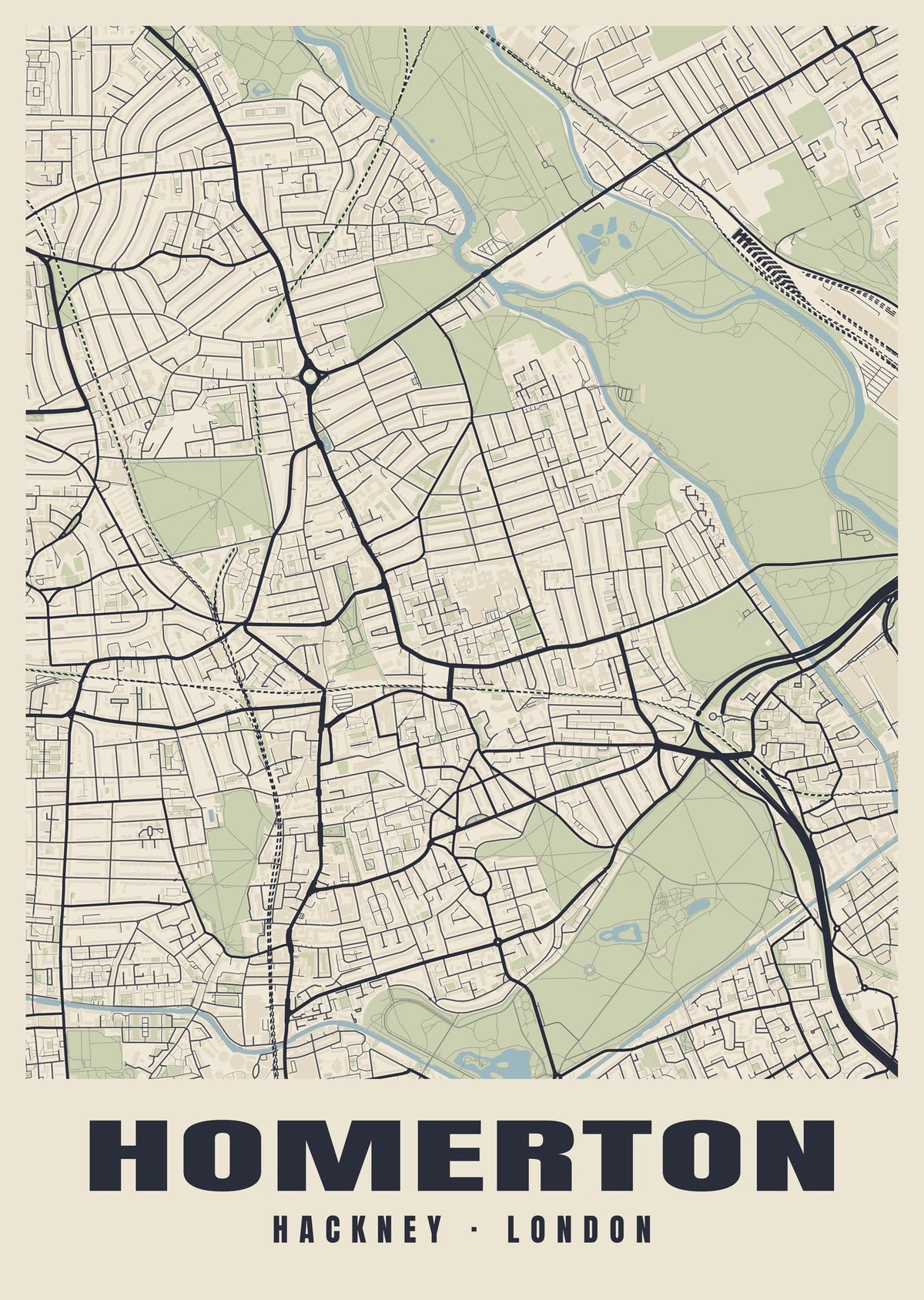 Heritage street map poster of Homerton, Hackney, London