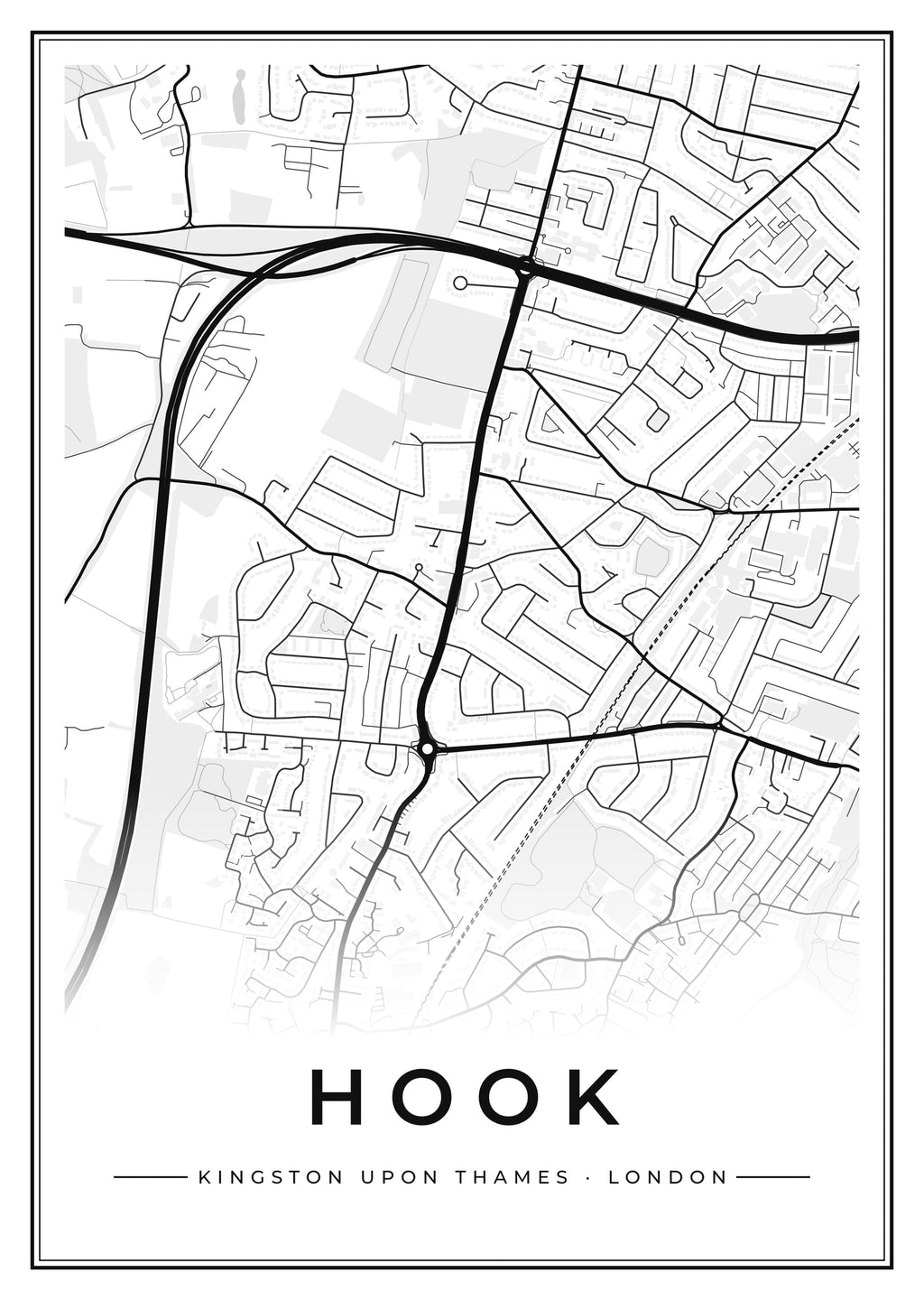 Street map poster of Hook, Kingston upon Thames, London