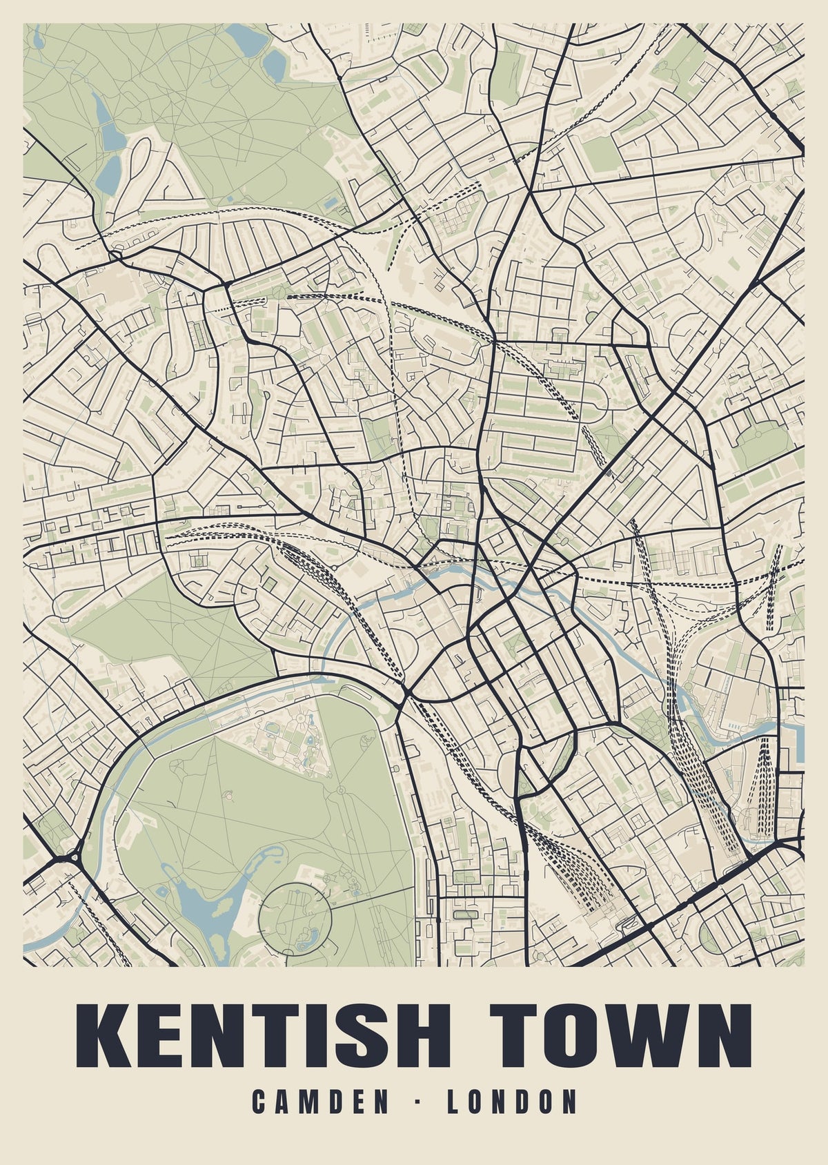 Heritage street map poster of Kentish Town, Camden, London