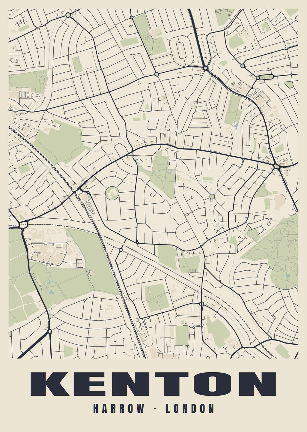 Heritage street map poster of Kenton, Harrow, London
