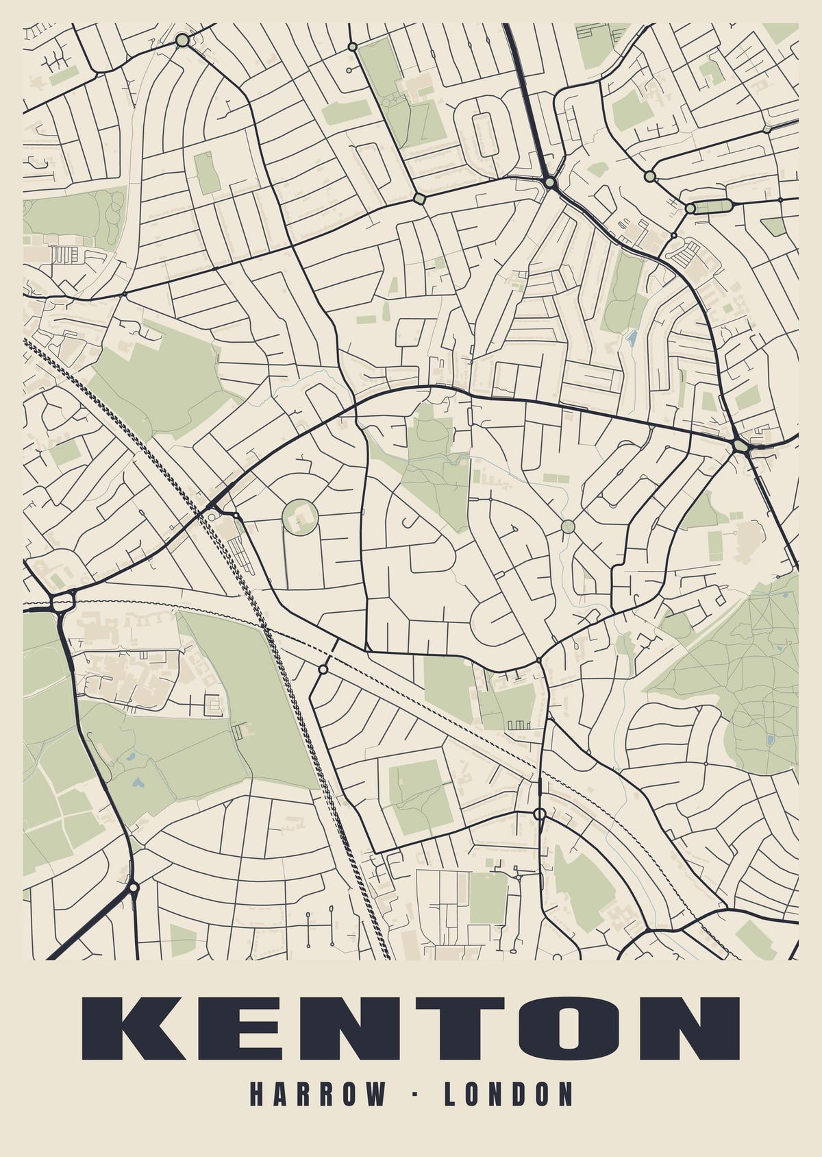 Heritage street map poster of Kenton, Harrow, London