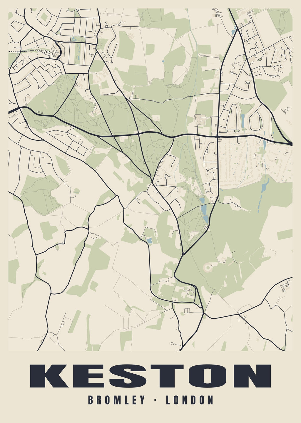 Heritage street map poster of Keston, Bromley, London