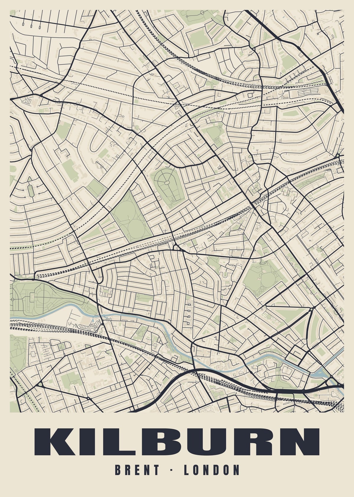 Heritage street map poster of Kilburn, Brent, London
