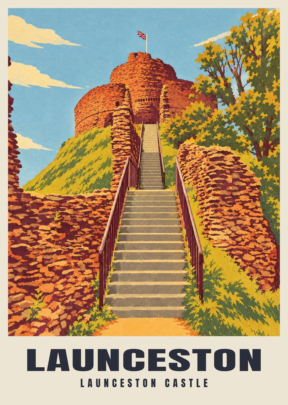 Launceston Castle poster, Retro Railway style