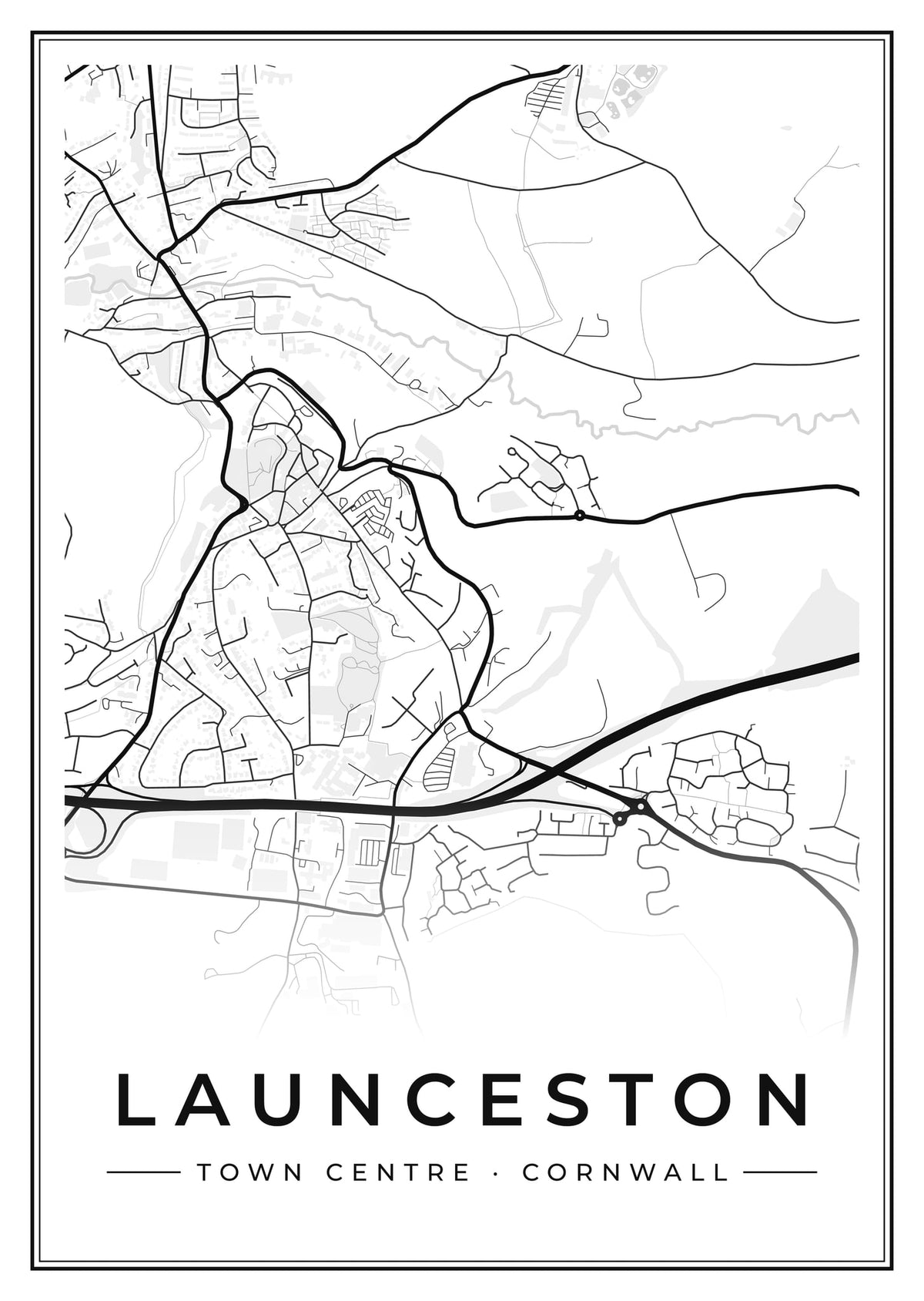 Street map poster of Launceston town centre, Cornwall