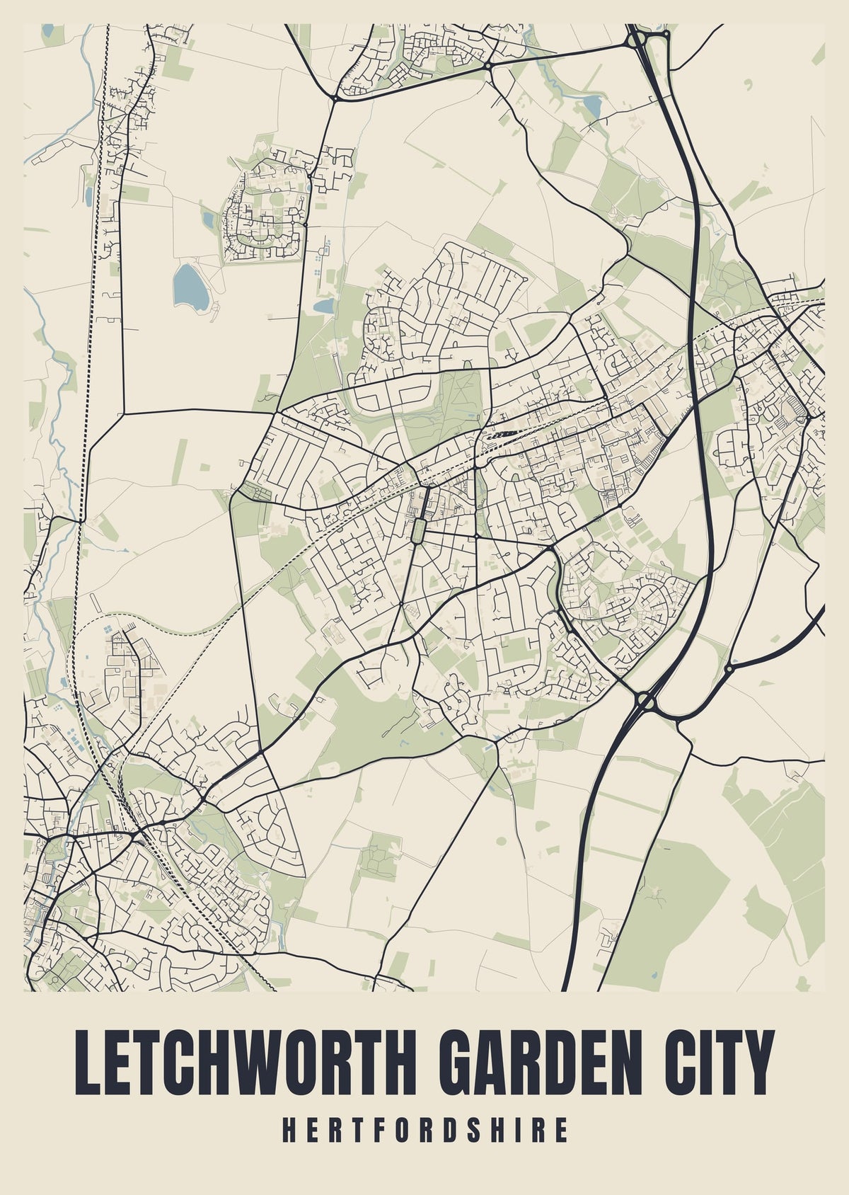 Street map poster of Letchworth Garden City, Hertfordshire